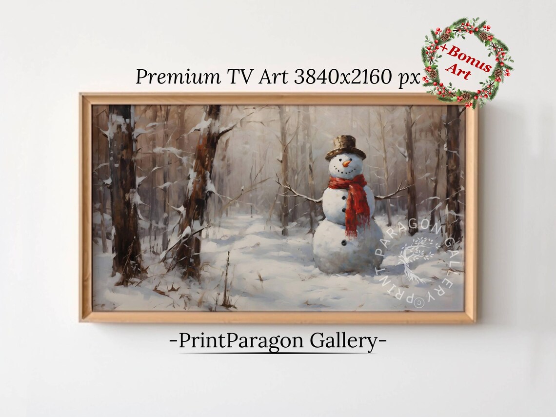 Smiling Snowman in a Snowy Pine Forest Vintage Christmas Poster