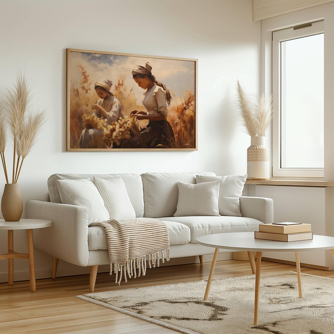 Two Harvest Maidens Gathering Wheat in a Golden Field Wall Art - Image 2