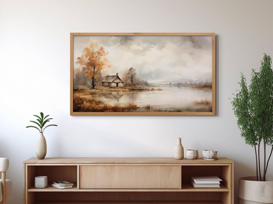 Misty Autumn Lake Cabin Painting Soft Gray Sky Calm Water Reflection Poster - Image 2