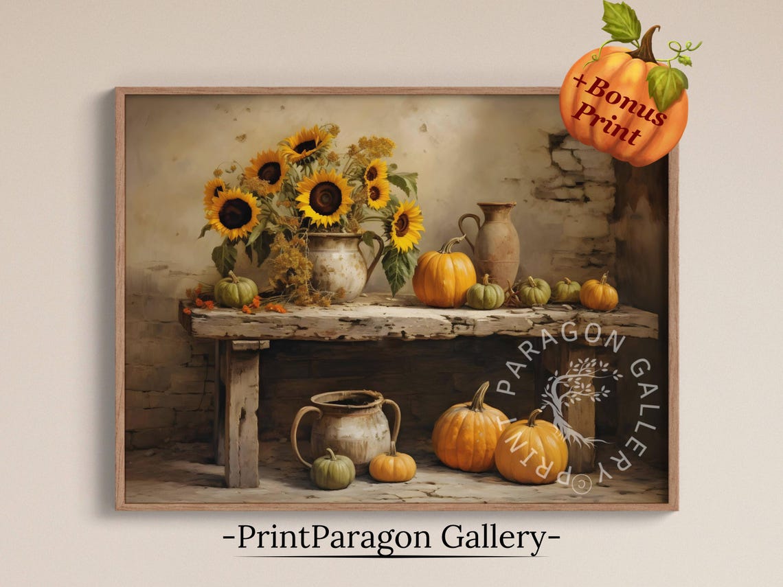 Sunflowers And Pumpkins On Rustic Table Vintage Fall Still Life Poster