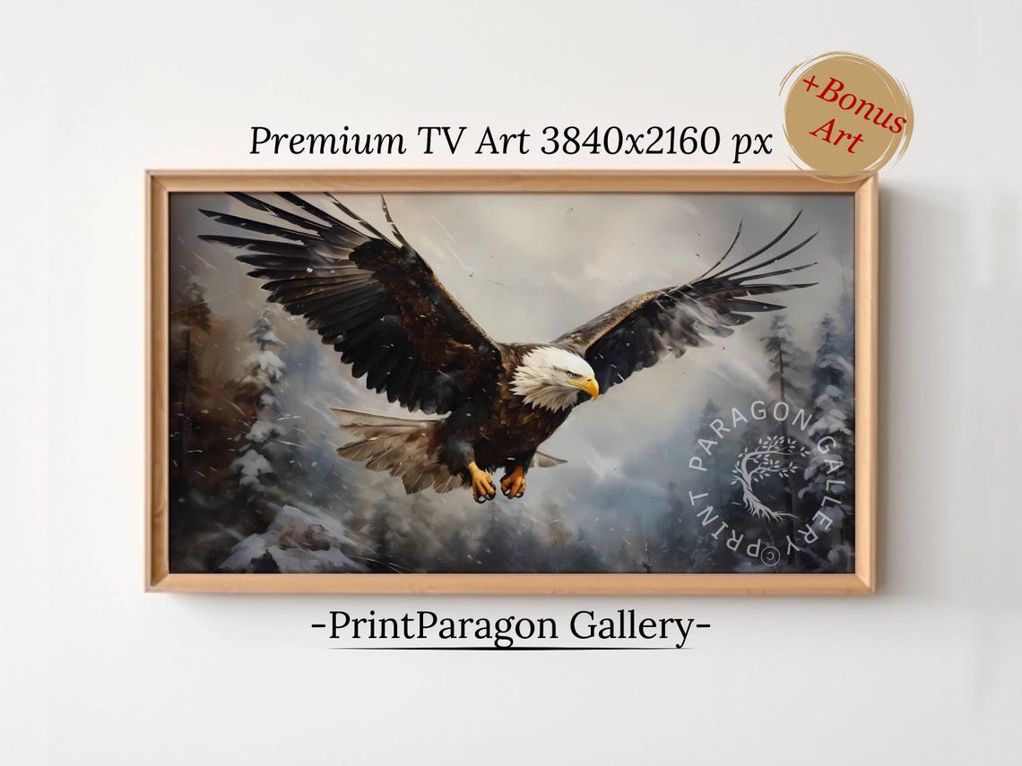 Dramatic Bald Eagle Flying Over a Snowy Winter Forest Wall Art
