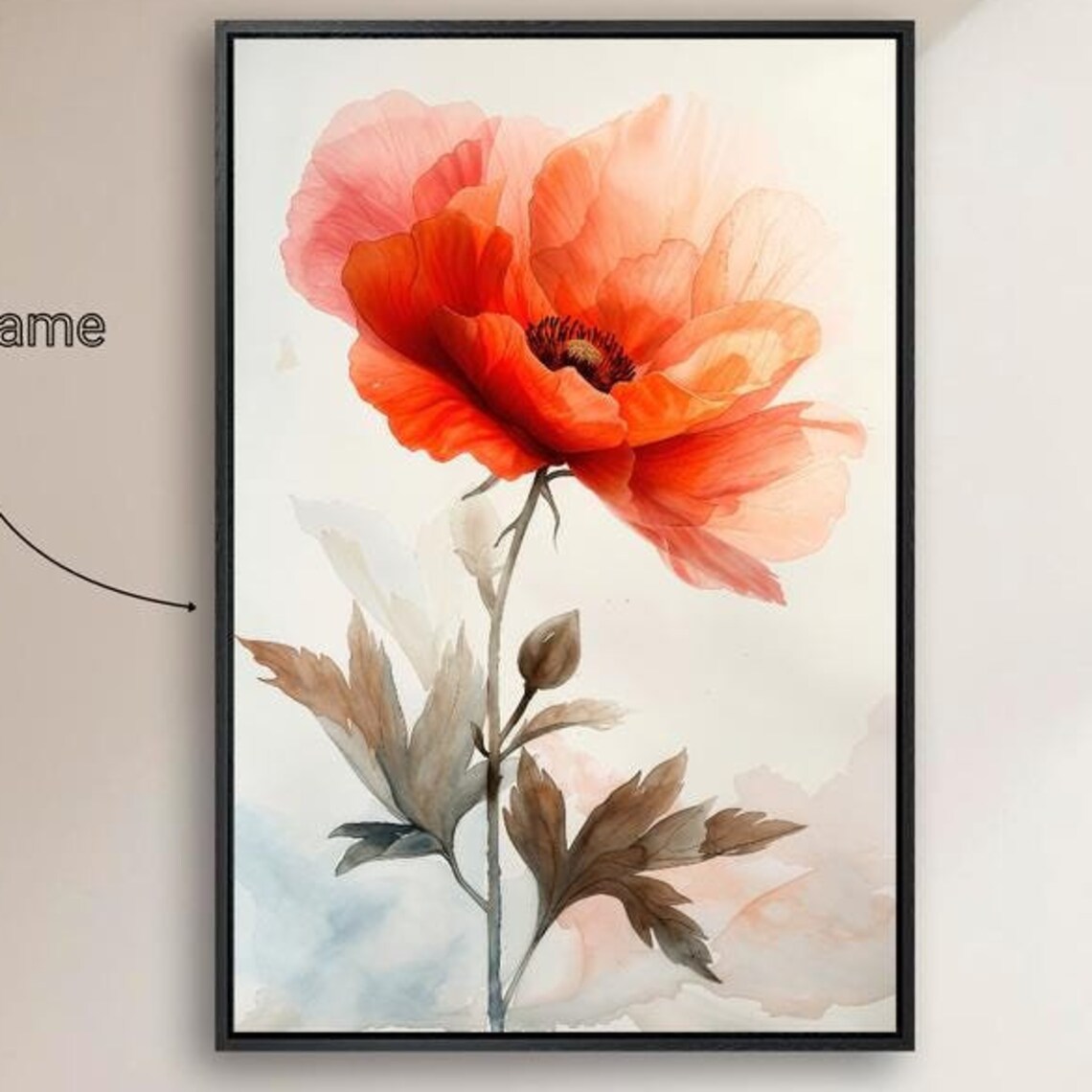 Orange Poppy Bloom Elegant Watercolor Flower Botanical Wall Art