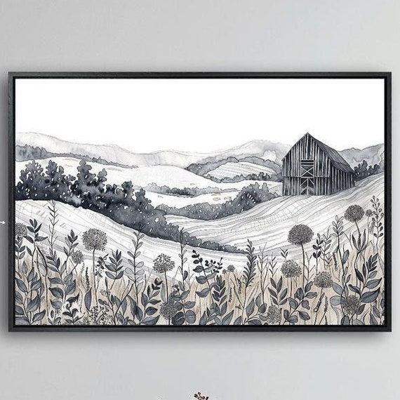 Countryside With Rolling Hills Framed Print Black White Landscape Wall Art Fields Painting Print Rustic Decor Ready To Hang