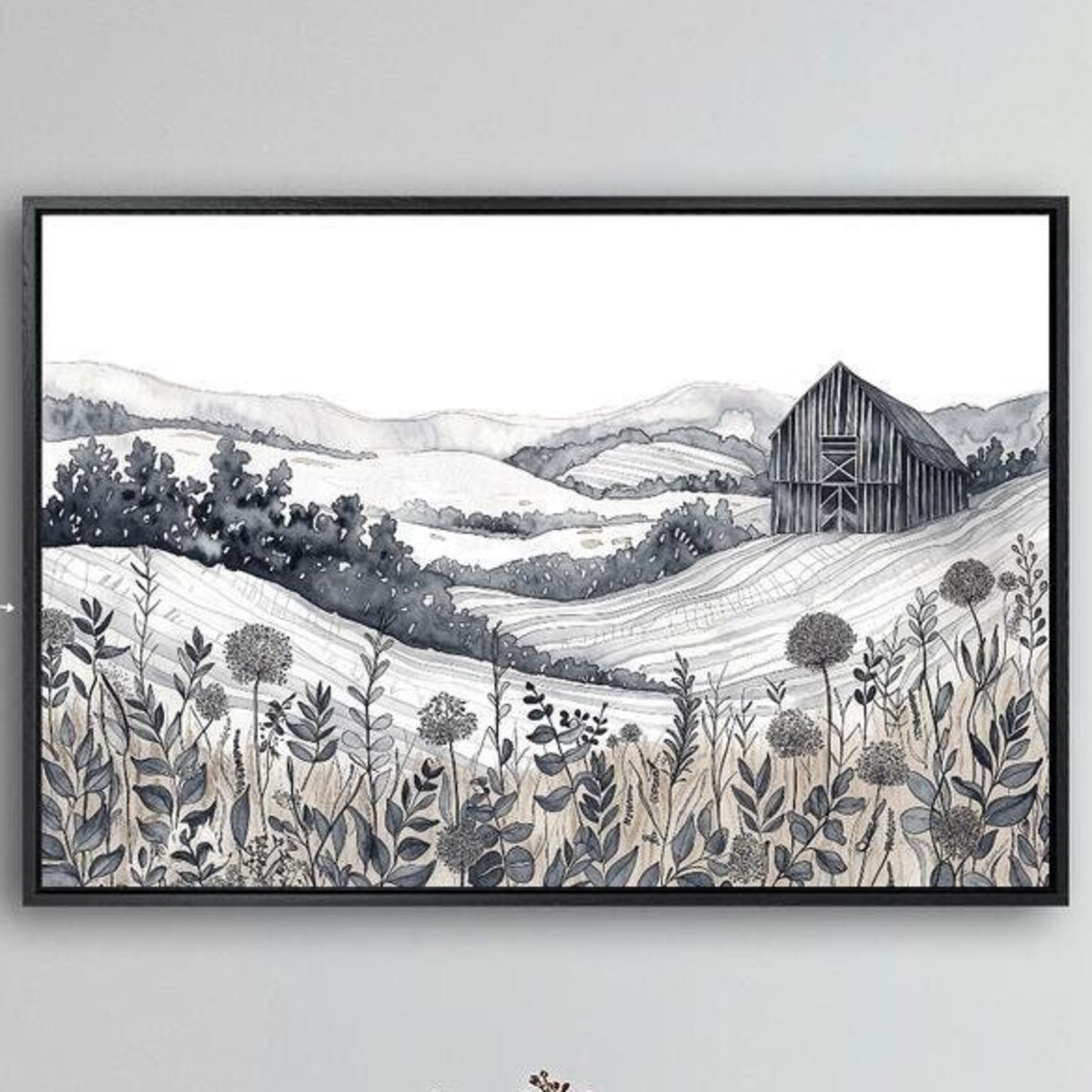 Countryside Barn Rolling Hills Wildflower Field Black White Poster