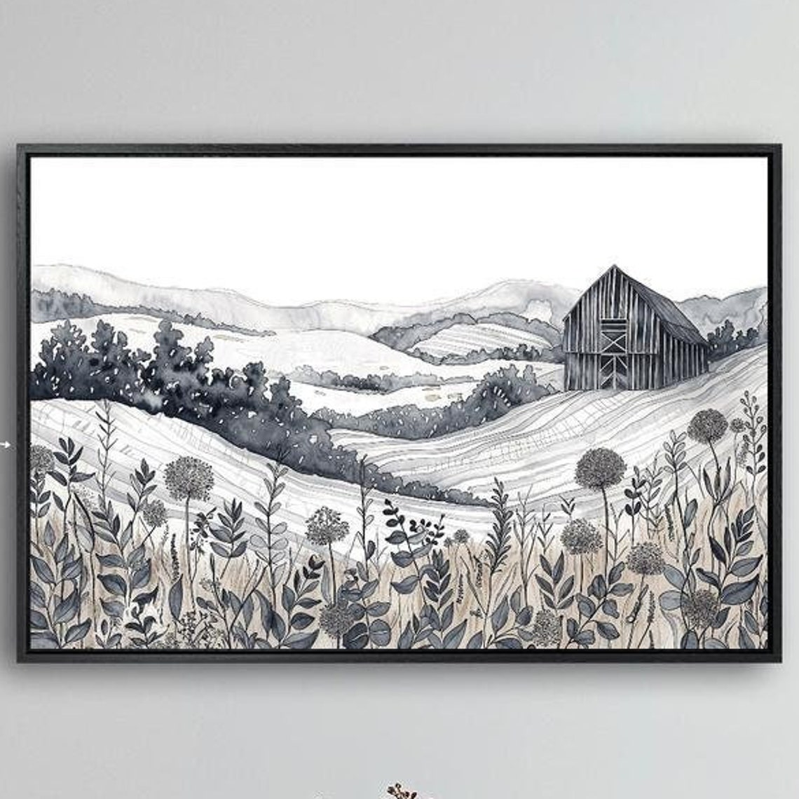 Countryside With Rolling Hills Framed Print Black White Landscape Wall Art Fields Painting Print Rustic Decor Ready To Hang