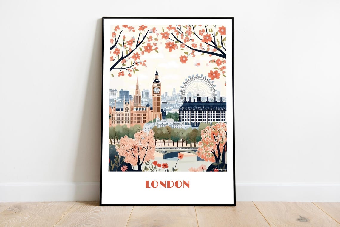 London Travel Big Ben Cherry Blossoms Spring Cityscape Vintage Poster