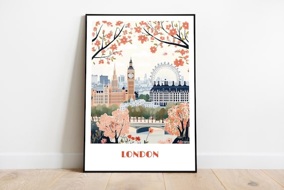 London Travel Big Ben Cherry Blossoms Spring Cityscape Vintage Poster