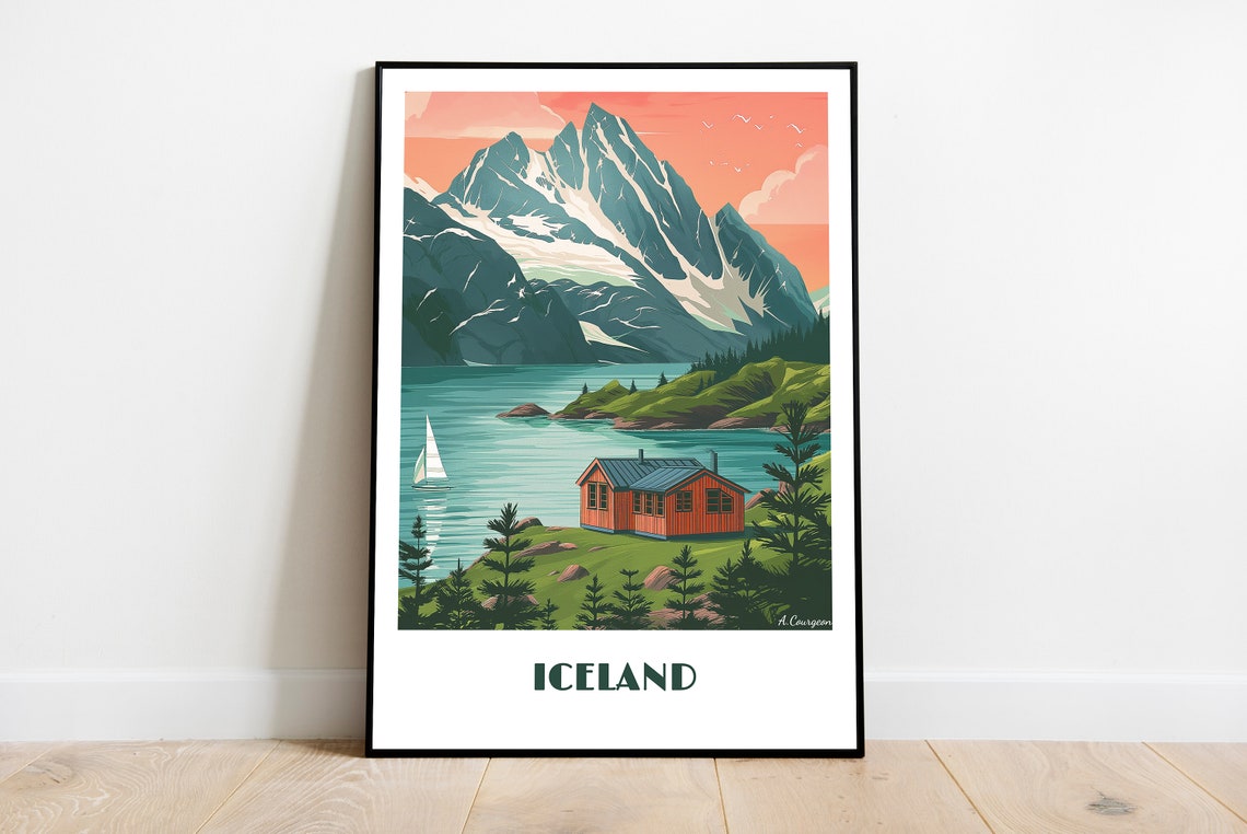 Iceland Retro Glacier Lake Red Cabin Sailboat Sunset Travel Poster