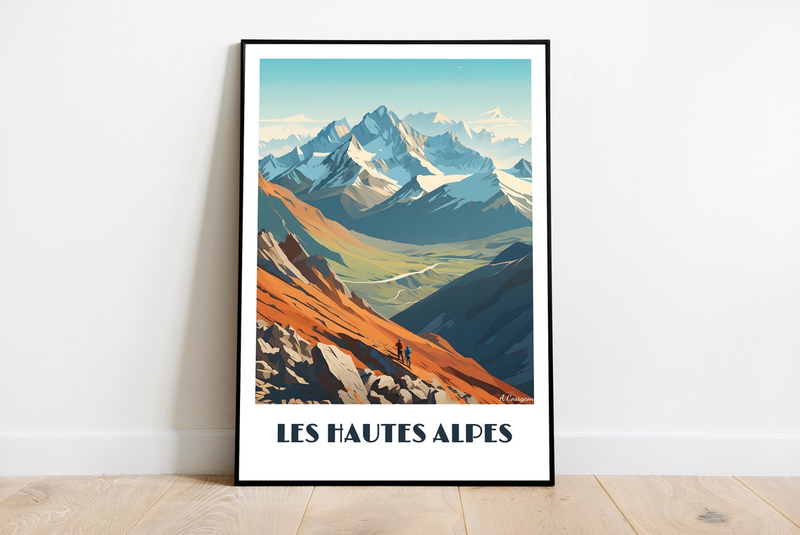 Les Hautes Alpes Snowy Mountain Hikers Retro France Travel Poster