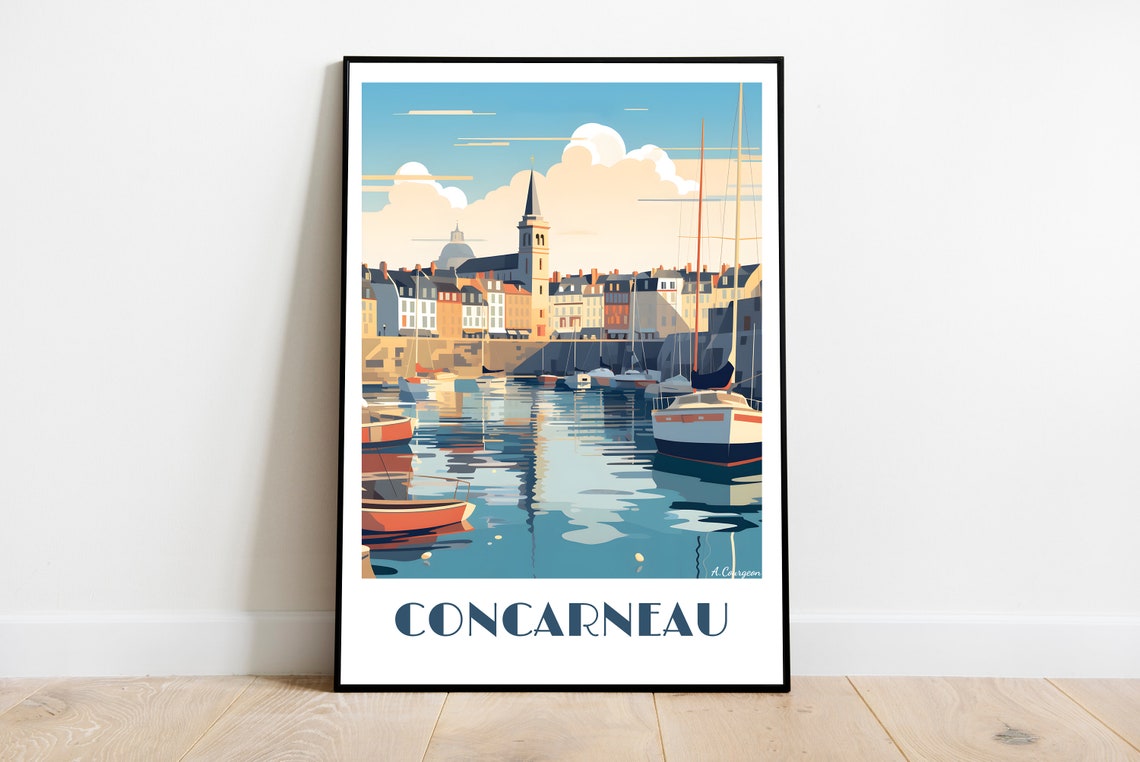Concarneau Brittany Harbor Boats Church Spire Calm Water Travel Poster