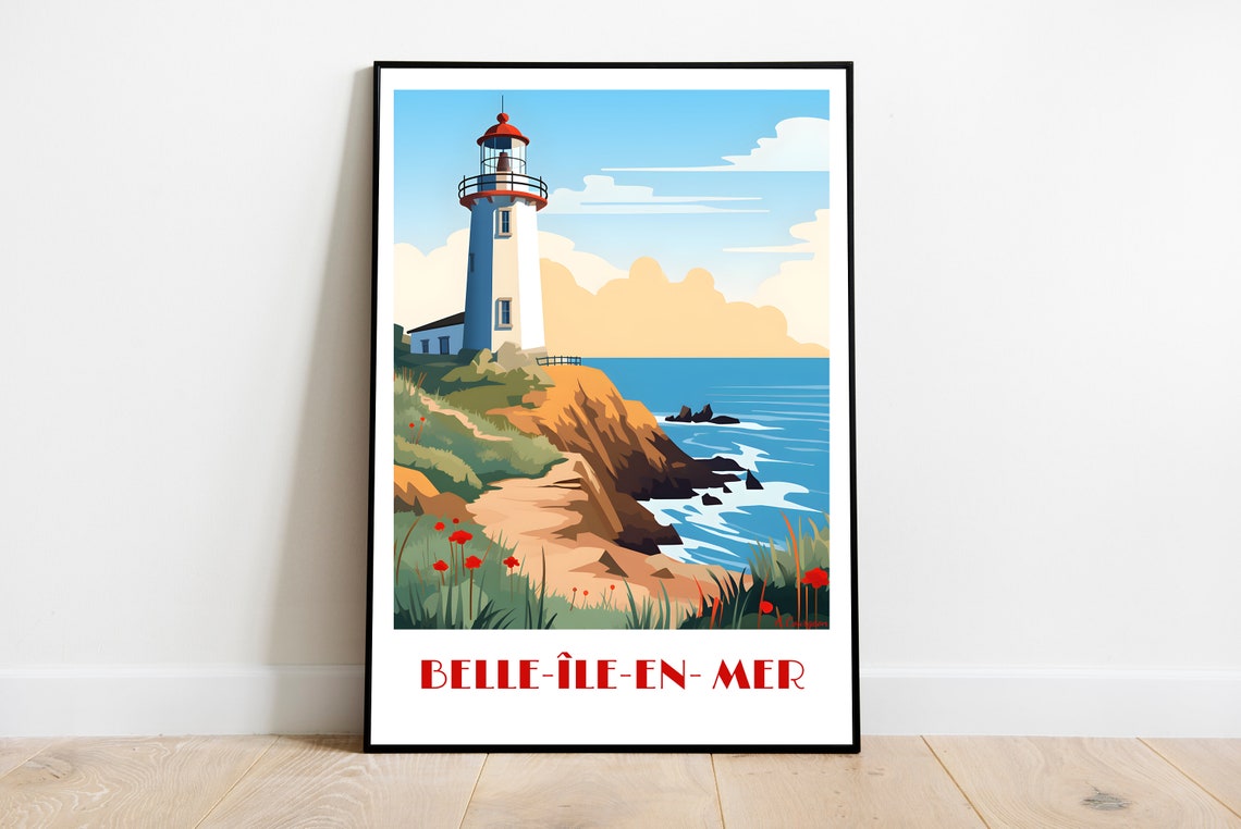 Belle Ile en Mer Breton White Lighthouse Coast Retro Travel Poster