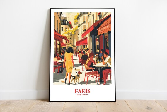 Paris And Its Cafes Handmade Poster Wall Art Retro Travel Framed Birthday Home Made Decor Gift Vector Illustration Print Custom