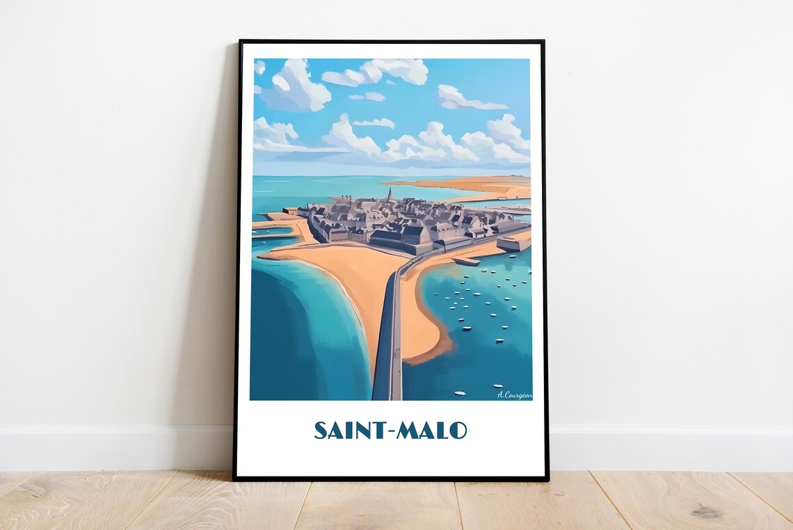 Saint-Malo France Walled City Coast Aerial Vintage Travel Poster