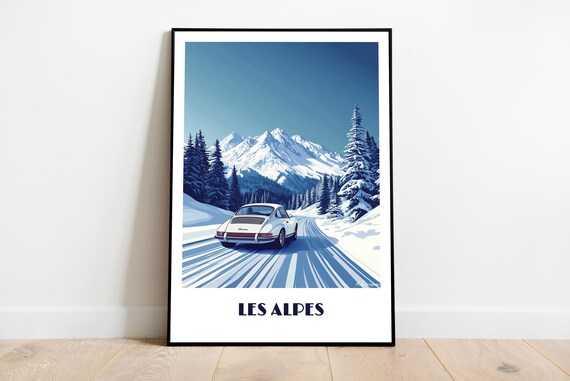 Alps Poster With A Vintage 911 Porch Handmade Wall Art Modern Travel France Italy Home Decor Gift Illustration Print Custom Text