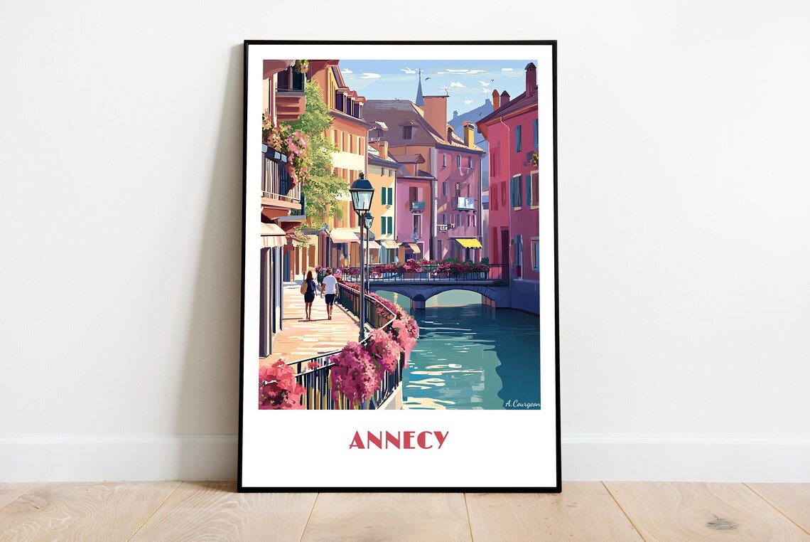 Annecy France Retro Canal Flower Bridge Old Town Street Travel Poster