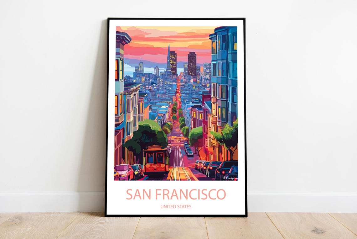 San Francisco Cable Car Sunset Over Downtown Cityscape Poster