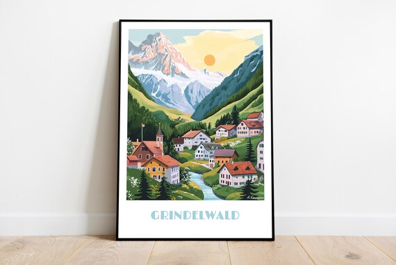 Grindelwald Switzerland Sunset Alpine River Village Travel Poster