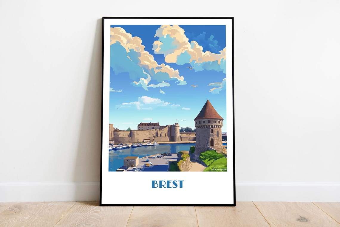 Brest And Its Castle Handmade Poster Wall Art Modern Travel Framed Birthday Home Made Decor Gift Vector Illustration Print Custom