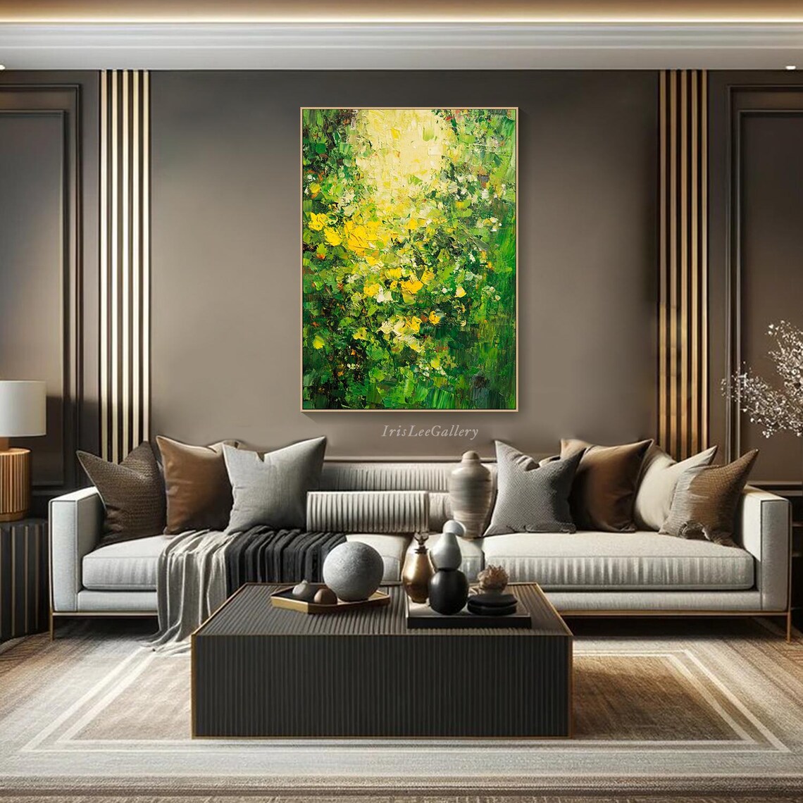 Sunlit Green Garden Yellow Flowers Abstract Impasto Nature Art Poster - Image 4