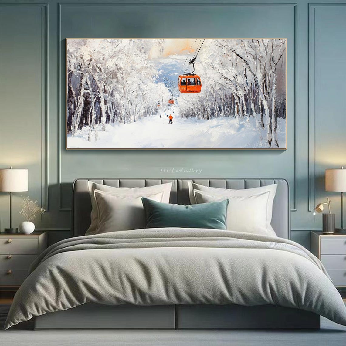 Orange Cable Car Over Snowy Forest Skier Winter Painting Wall Art - Image 4