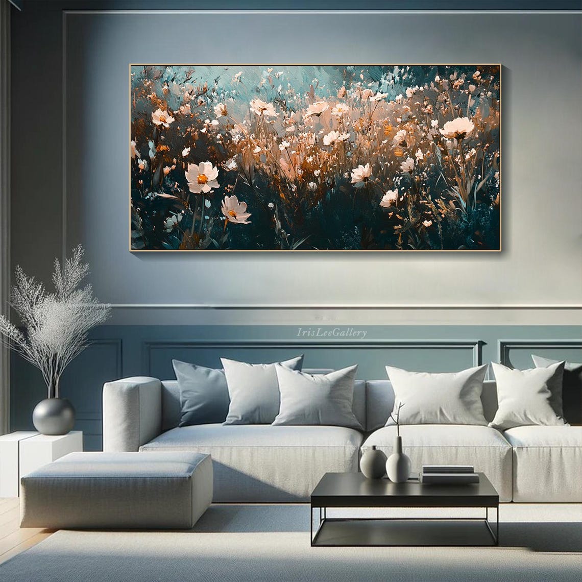 White Blush Wildflower Meadow Deep Teal Textured Floral Art Poster - Image 3