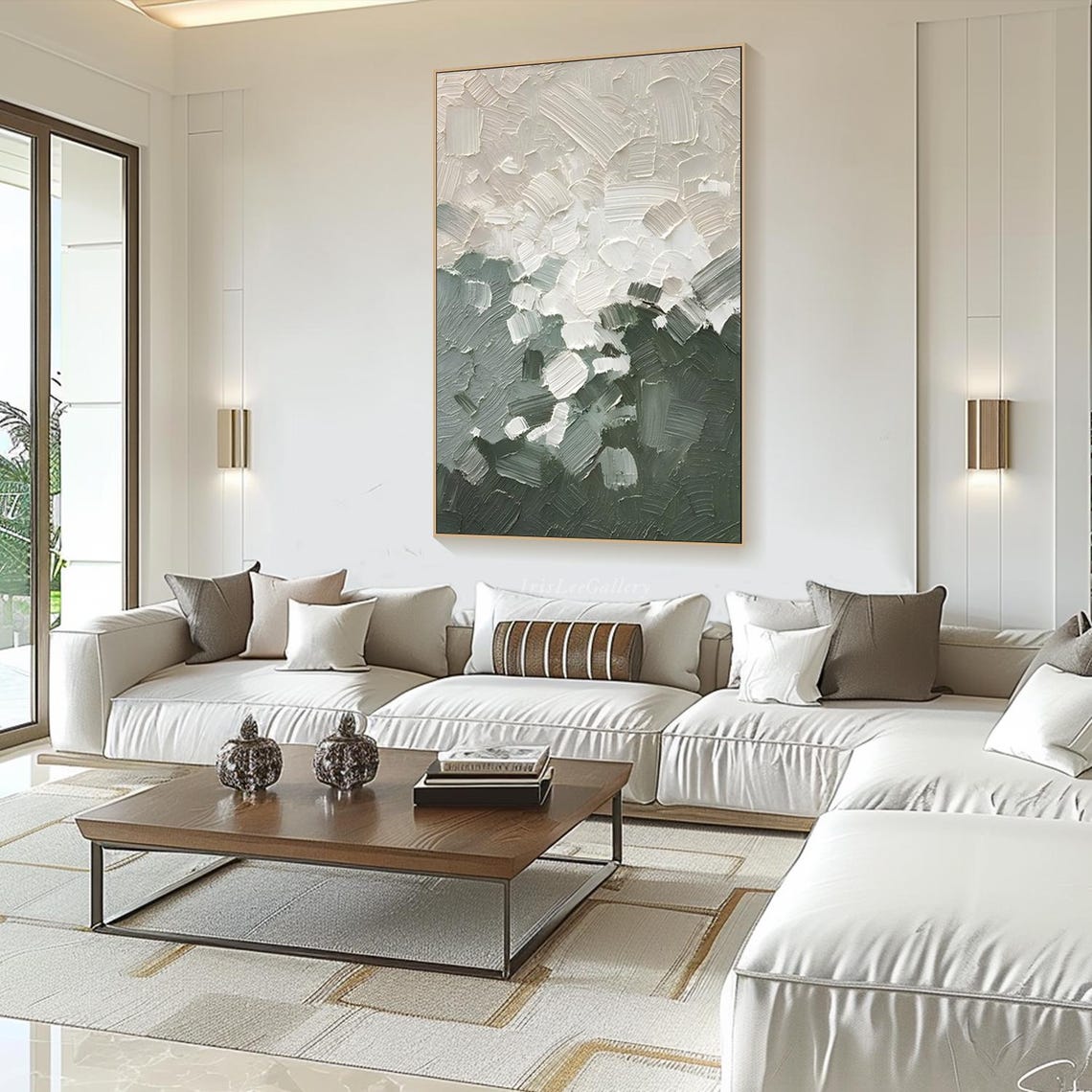 White Sage Green Palette Knife Abstract Minimalist Painting Wall Art - Image 2