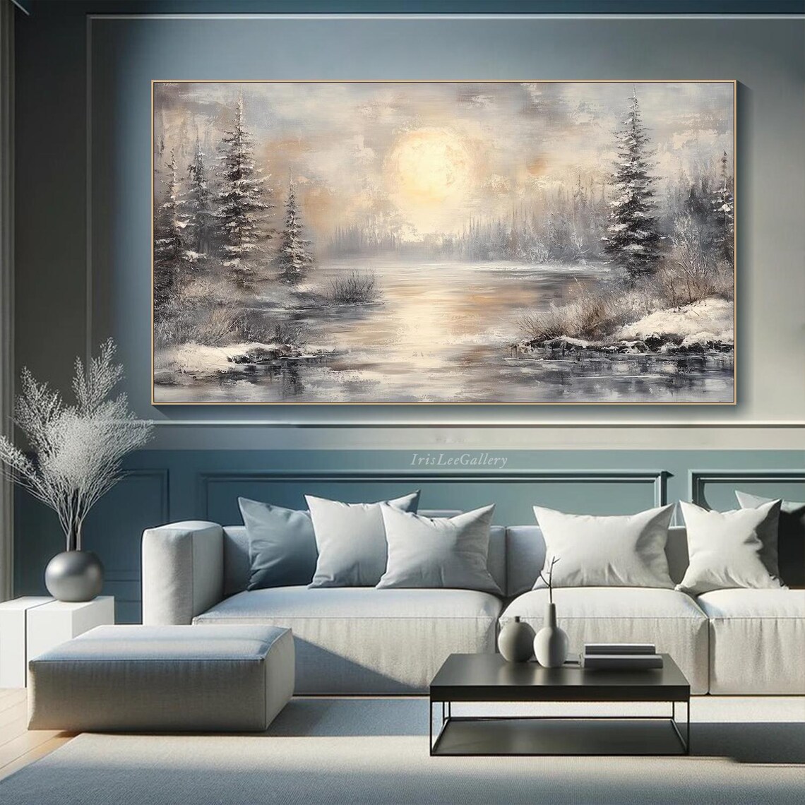 Monochrome Winter Lake Snowy Pines Sunrise Painting Wall Art - Image 2