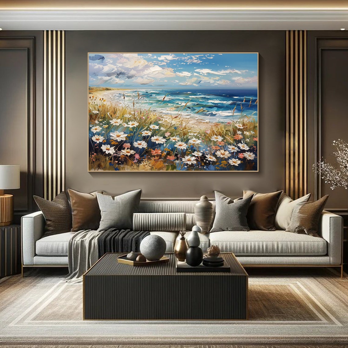 White Daisies by the Sea Blue Ocean Meadow Coastal Art Poster - Image 4