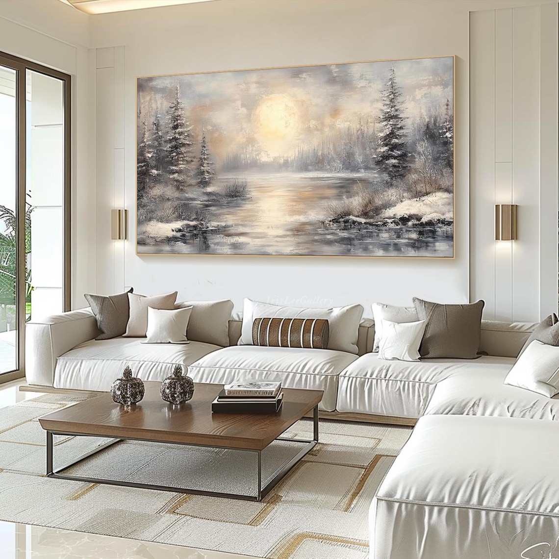 Monochrome Winter Lake Snowy Pines Sunrise Painting Wall Art - Image 4