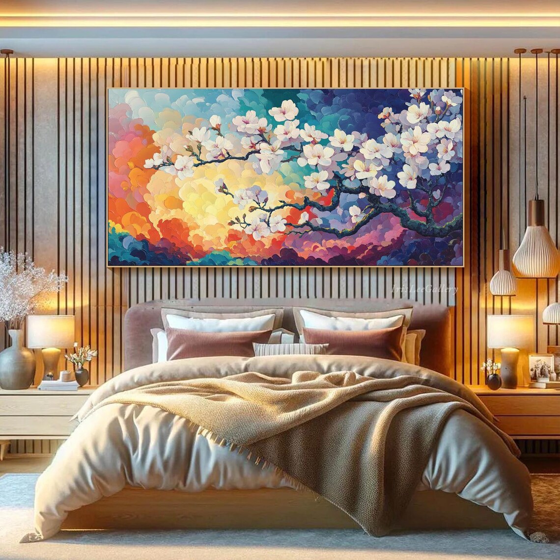 Cherry Blossom Branch Rainbow Sky Vibrant Floral Painting Wall Art - Image 3