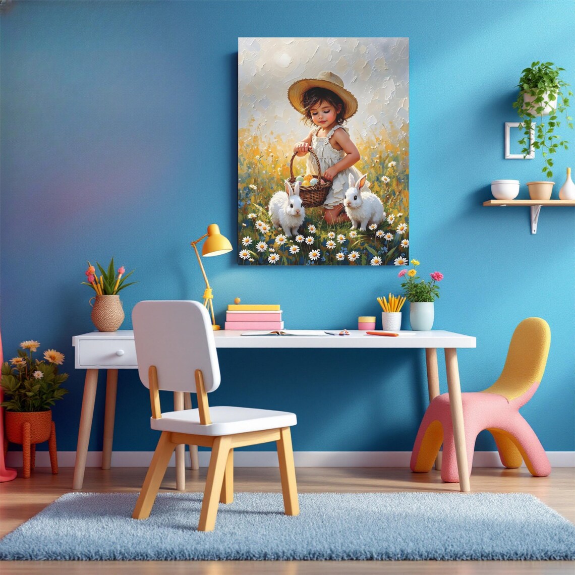 Little Girl Easter Egg Basket Bunnies Daisy Field Spring Art Poster - Image 2