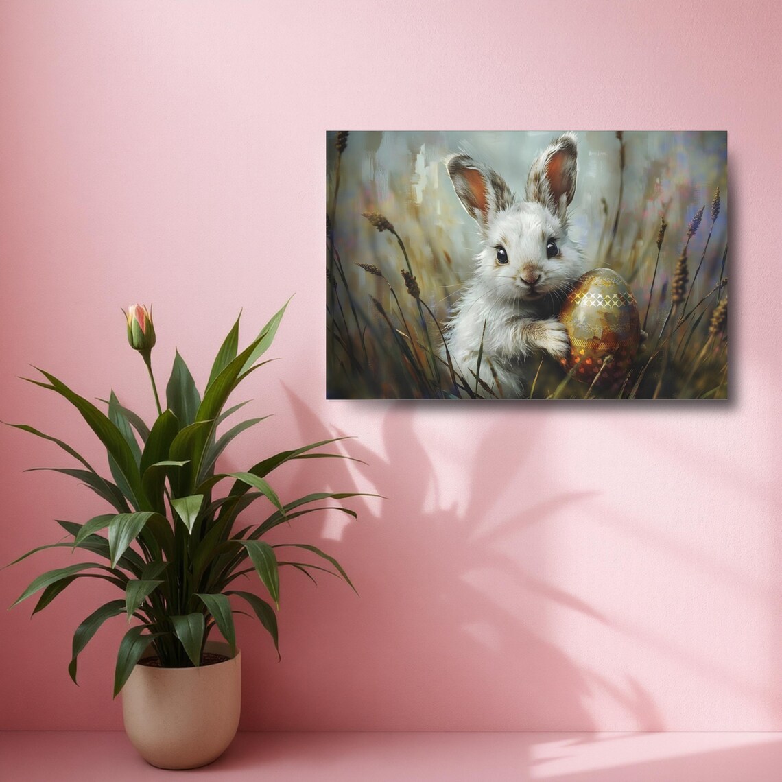 White Bunny Holding Golden Easter Egg Tall Grass Wildlife Poster - Image 3
