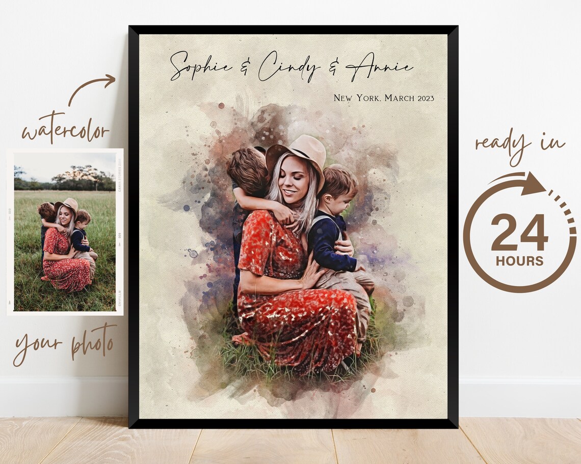 Custom Father Daughter Son Watercolor Family Portrait - Image 3