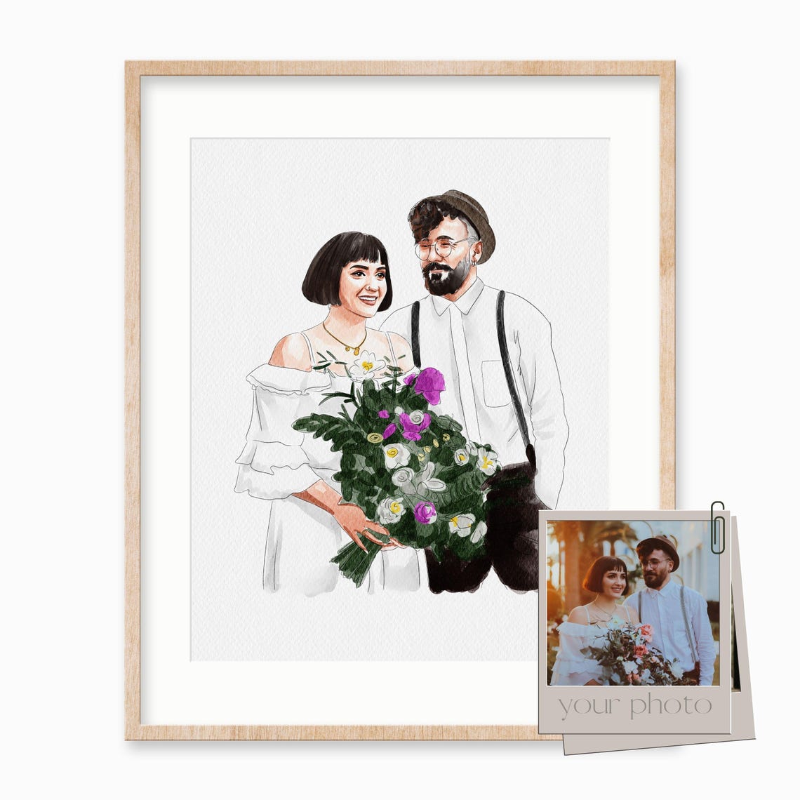 Custom Watercolor Wedding Couple Bouquet Anniversary Portrait Poster - Image 2