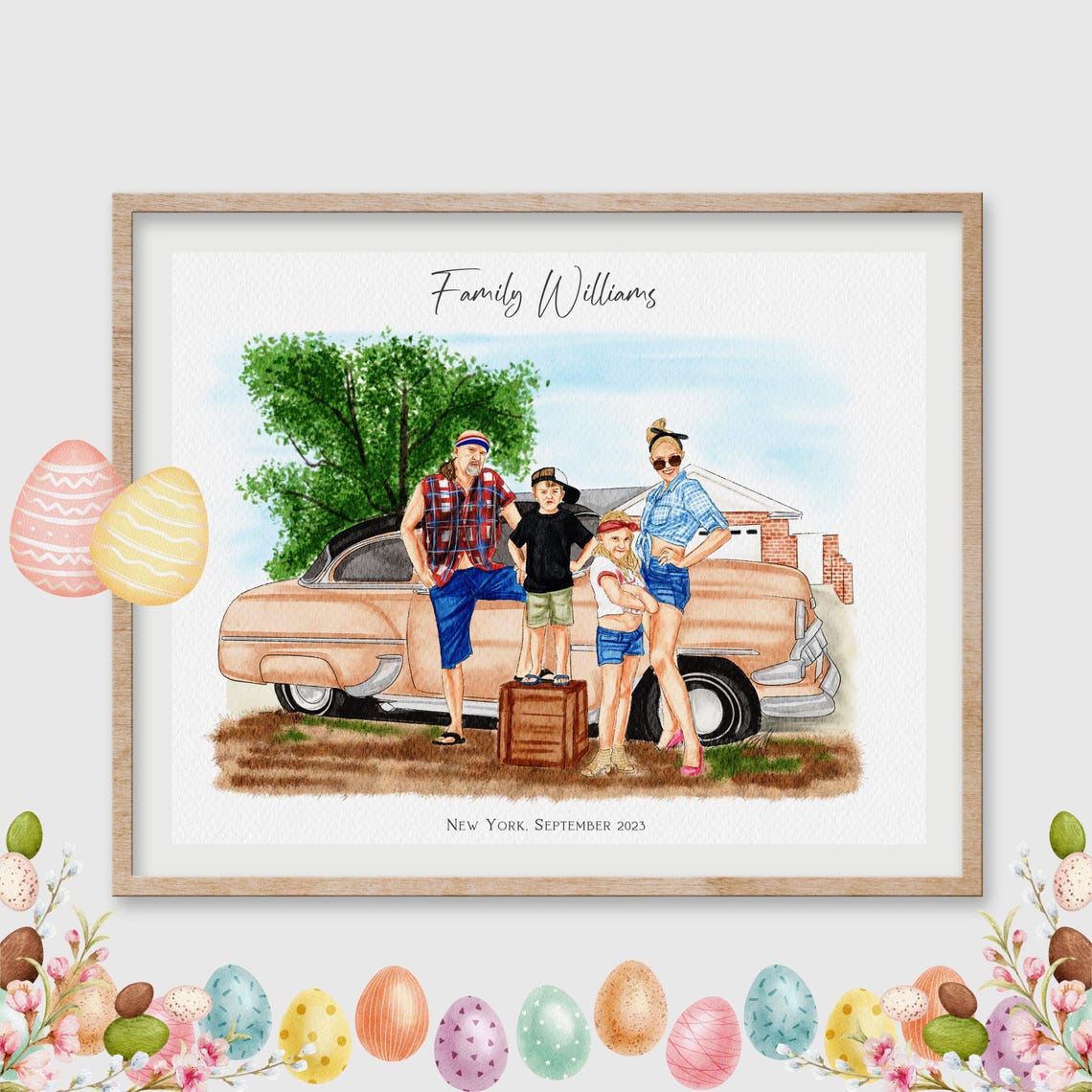 Custom Family Portrait with Vintage Pink Classic Car Poster Gift