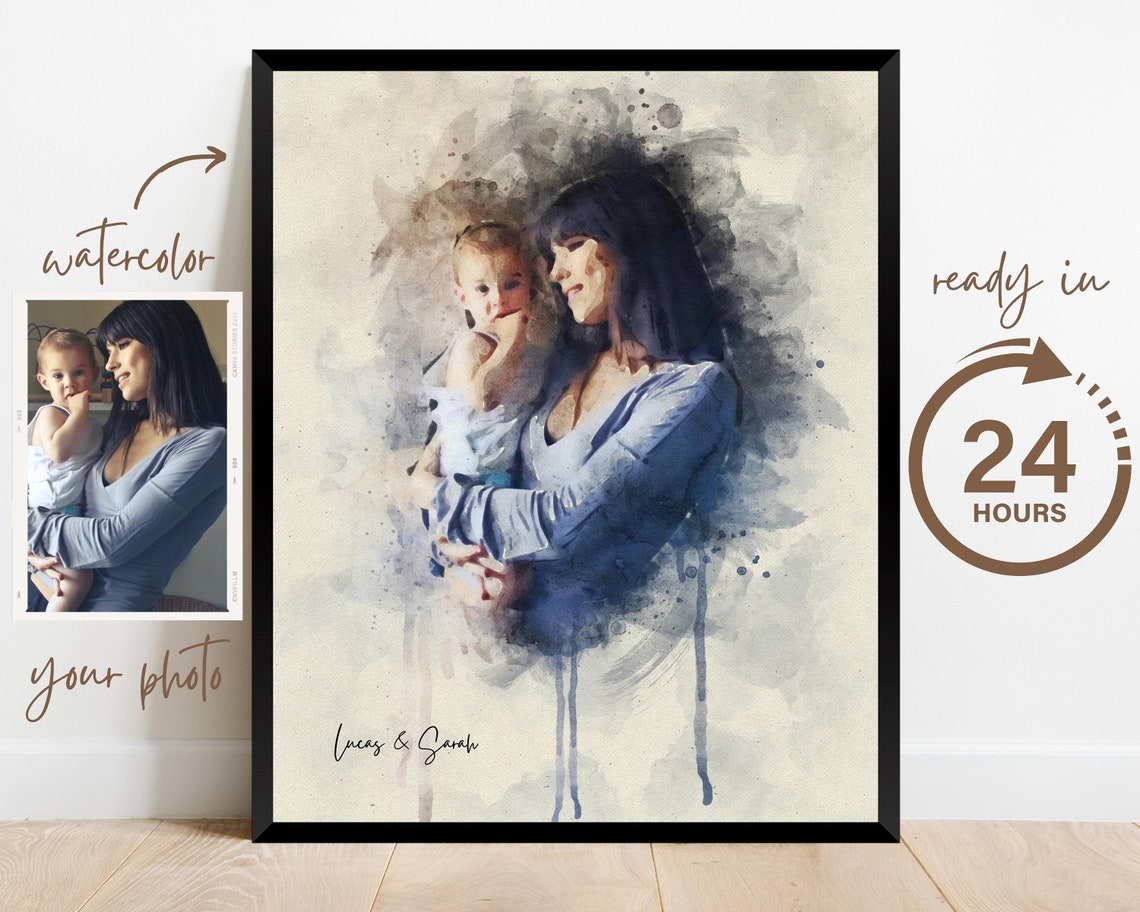 Custom Watercolor Mother and Daughter Portrait Print Gift Idea - Image 2