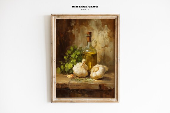 Vintage Garlic Olive Oil Still Life Kitchen Oil Painting Art Print