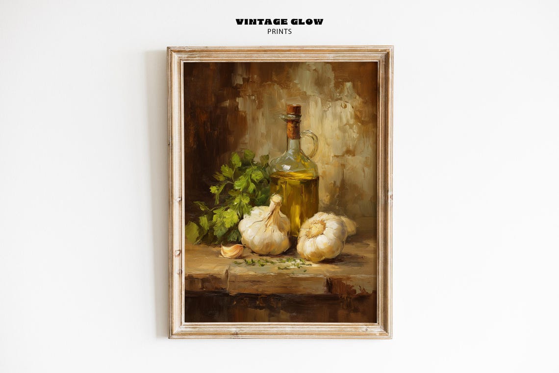 Vintage Garlic Olive Oil Still Life Kitchen Oil Painting Art Print