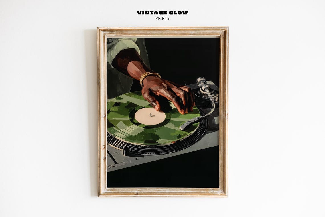 DJ Turntable Green Vinyl Record Hand Vintage Music Art Print
