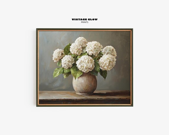 Vintage Hydrangeas in Vase Art Print, Antique Floral Decor