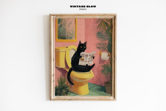 Funny Toilet Cat Art Print Quirky Bathroom Wall Decor Dopamine For Lovers Lover Gift V345