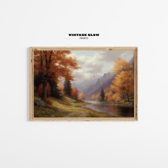 Moody Autumn Landscape Print Vintage Fall Forest Wall Art Cozy Rustic Oil Painting Warm Seasonal Decor V361