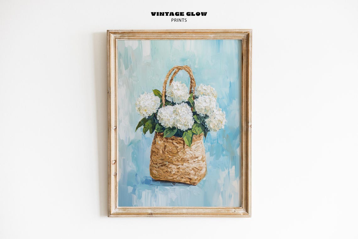 White Hydrangea Basket Painting Coastal Kitchen Floral Print