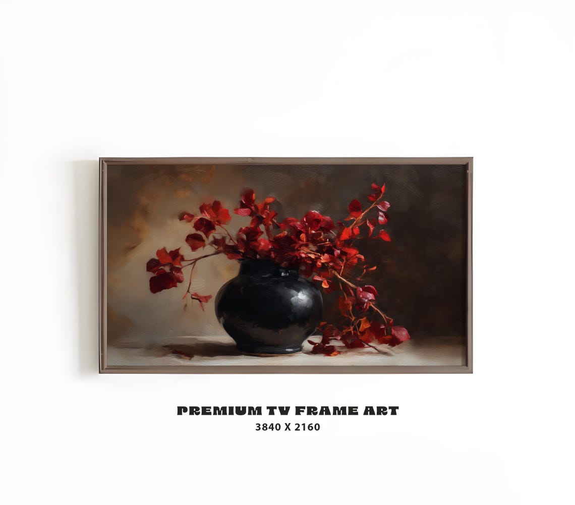 Red Branches Black Vase Autumn Still Life Moody Floral Print