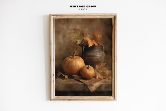 Autumn Pumpkin Still Life Vintage Jug Fall Leaves Moody Art Print
