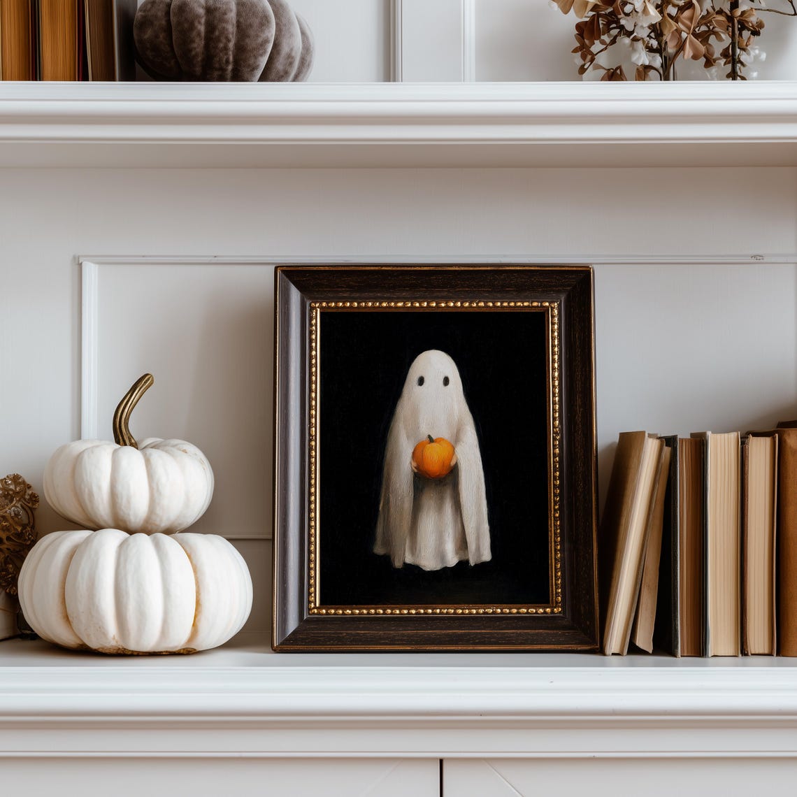 Cute White Ghost Holding Pumpkin Halloween Dark Moody Art Print