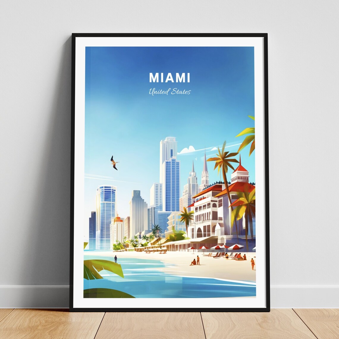 Miami Florida South Beach Skyline Palms Umbrellas Travel Poster