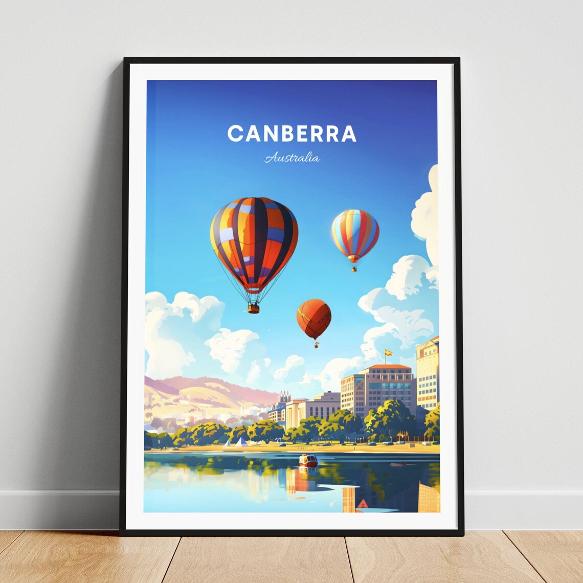 Canberra Australia Hot Air Balloons Lake City Skyline Poster