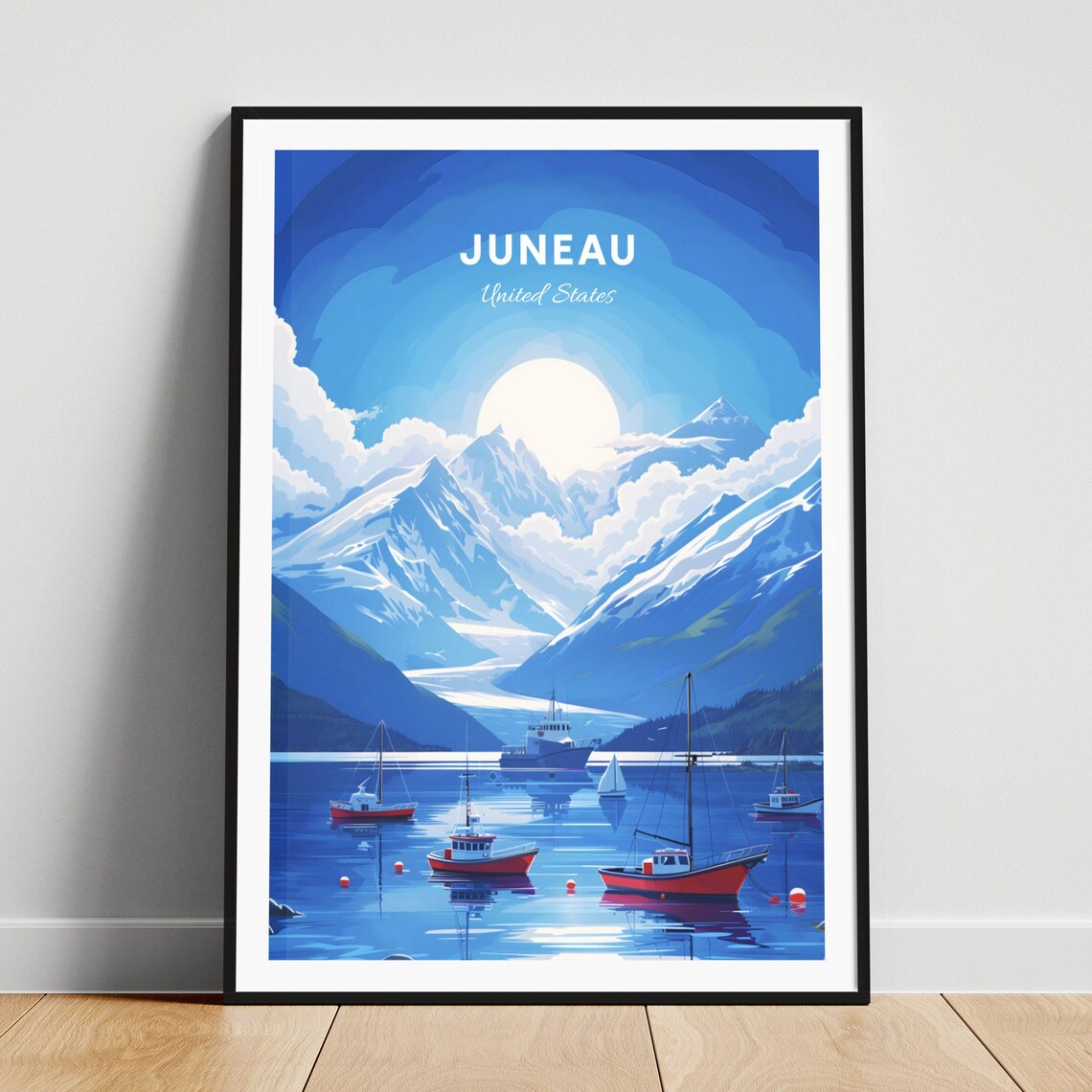 Juneau Alaska Harbor Fishing Boats Glacier Mountain View Poster