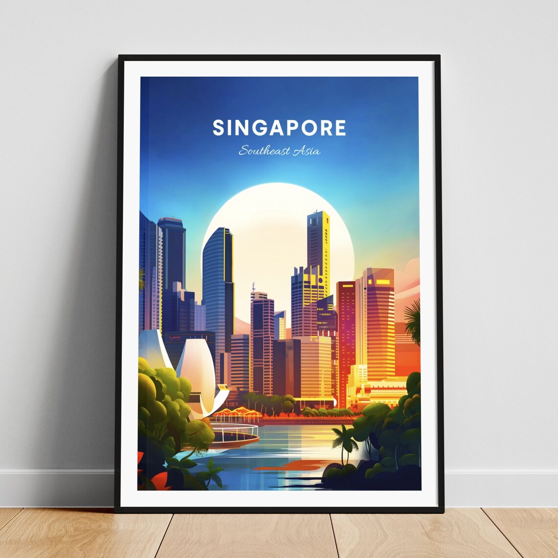 Singapore Marina Bay Skyline Sunset Lotus Museum Vintage Travel Poster